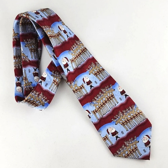 Jingle Bells Men’s  Novelty Fun Christmas Tie Santa Reindeers Blue Red 100% Silk - Picture 1 of 8
